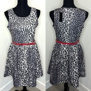 Attention Black and White Leopard Belted Skater Dress (S)